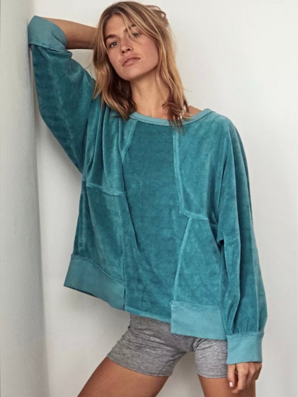 Free People x FP Movement Strive jewel teal slouchy ultra-soft Velour pullover